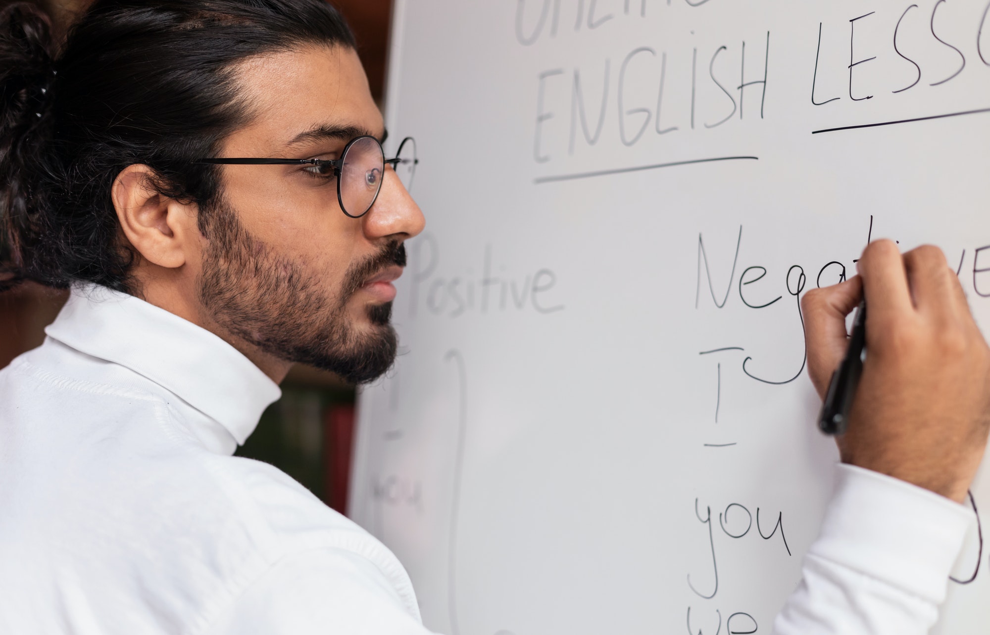 Indian Teacher Writing English Grammar Rules On Blackboard Teaching Indoors
